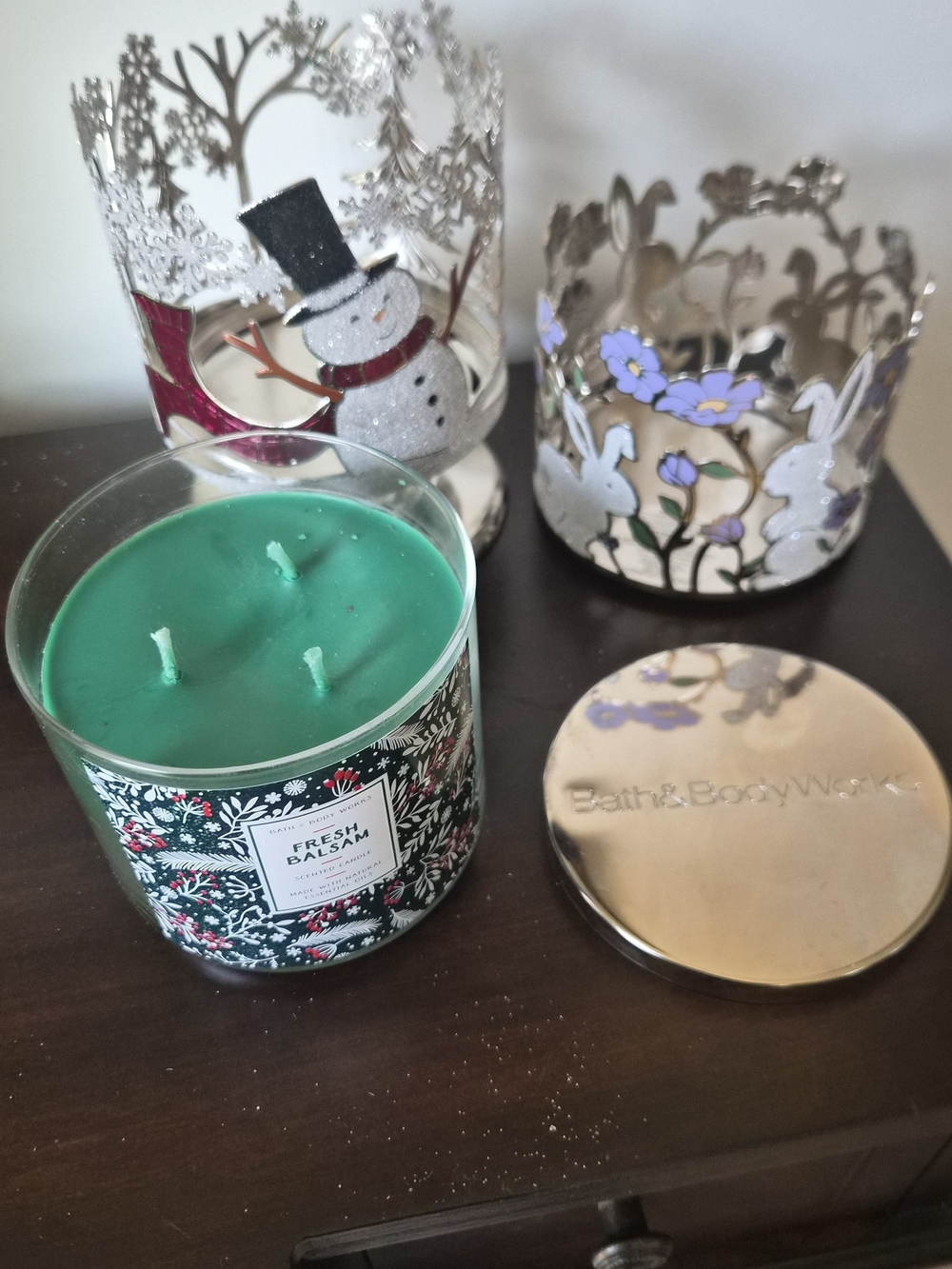 3 Peice Set, Bath & Body Works 3-Wick Candle with Snowman & Bunny Candle Holder - Picture 3 of 15